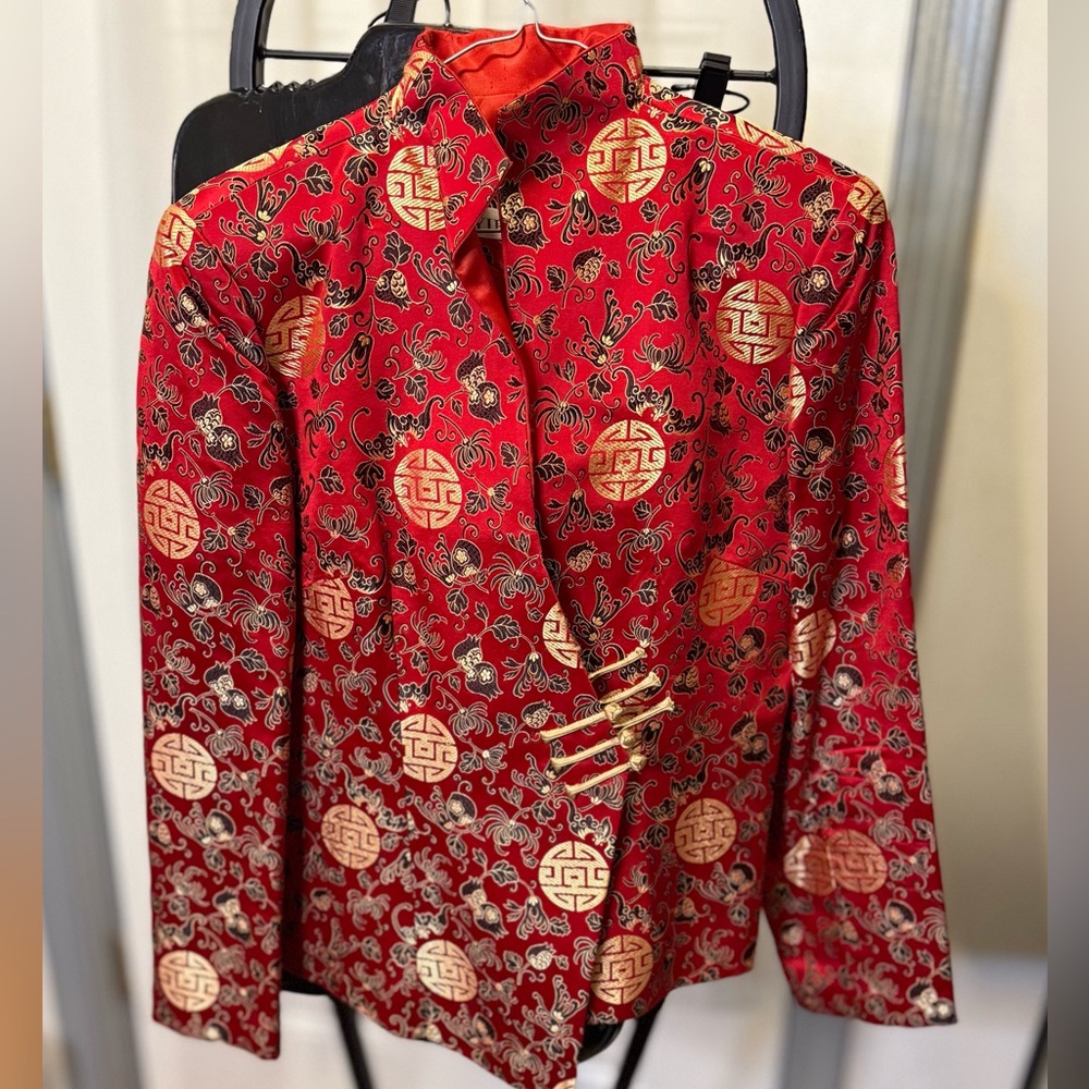 Red Asian-Inspired Blazer with Ornate Floral Design